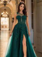 Green One-Shoulder Lace Appliqué Split Evening Dress