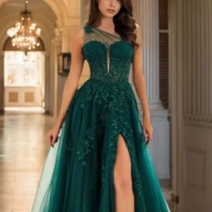 Green One-Shoulder Lace Appliqué Split Evening Dress