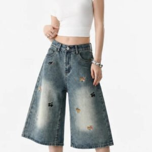 Women's Wide-Leg Cropped Jeans with Dog Embroidery