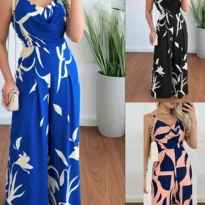 Women's Summer Print V-Neck Wide-Leg Jumpsuit