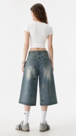 Women's Wide-Leg Cropped Jeans with Dog Embroidery