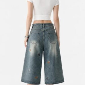 Women's Wide-Leg Cropped Jeans with Dog Embroidery