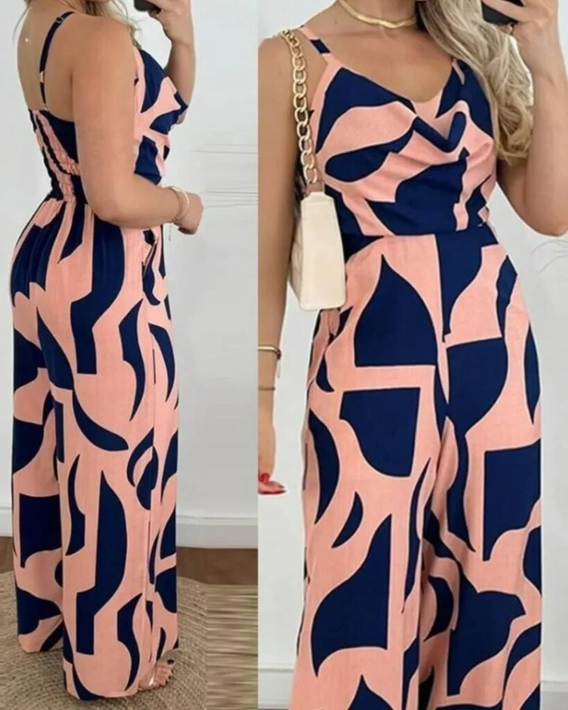 Women's Summer Print V-Neck Wide-Leg Jumpsuit