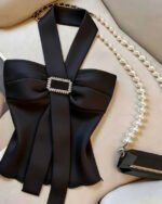 Women's Black Sleeveless Halter Neck Summer Blouse