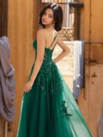 Green One-Shoulder Lace Appliqué Split Evening Dress