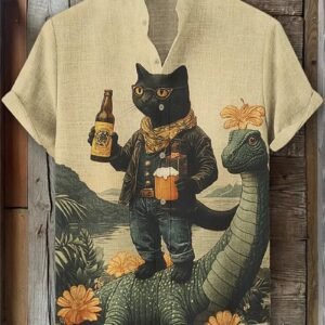 Men's 3D Cat Print Linen Short Sleeve Casual Shirt