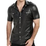 Men's Faux Leather Short Sleeve Button-Up Shirt