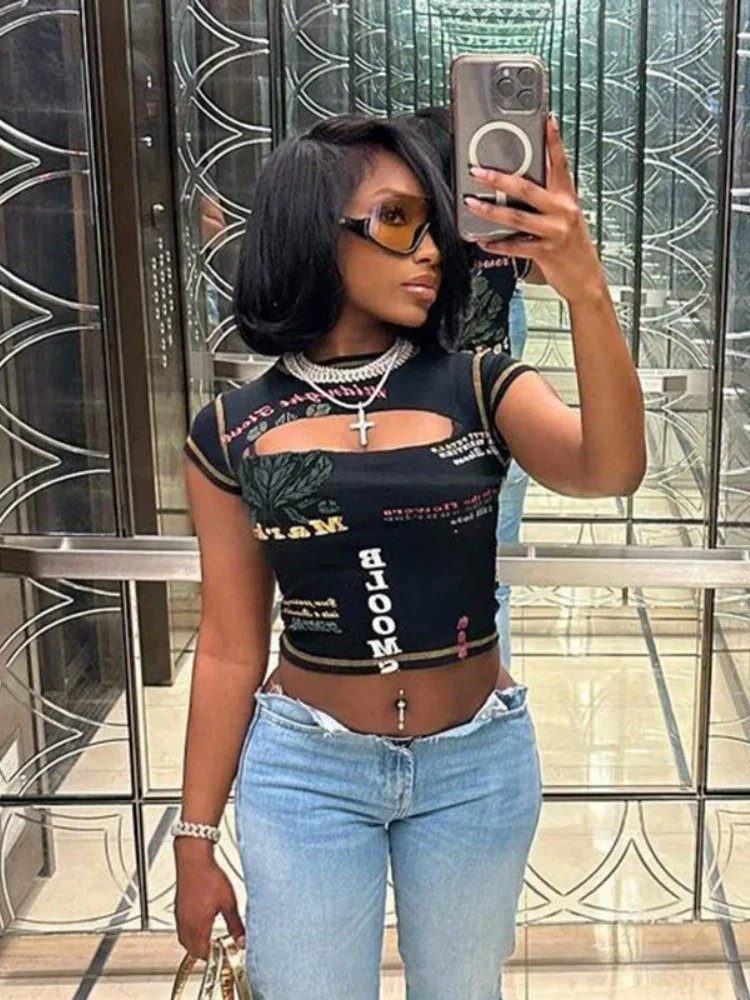 Women's Y2K Hollow Out Printed Crop Top Women's Y2K Hollow Out Printed Crop Top