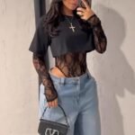 Women's Lace Jacquard Sleeve Slim Fit Bodysuit