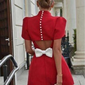 Women's Hollow Bow Back Button-Up Midi Dress