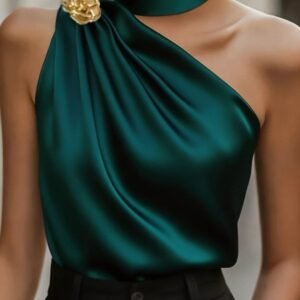 Dark Green Halter One-Shoulder Satin Blouse