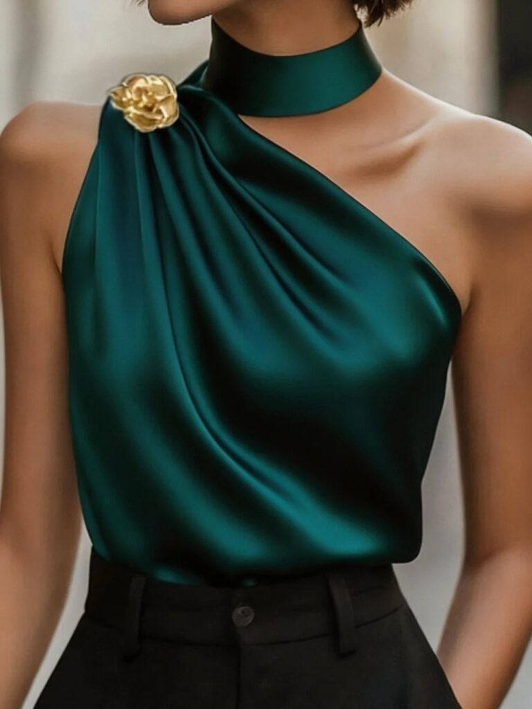Dark Green Halter One-Shoulder Satin Blouse