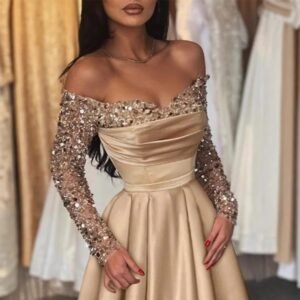 Women's Sequin Off-Shoulder Long Sleeve Evening Dress
