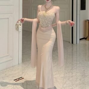 Women's Mesh Sequin Tube Top Evening Gown