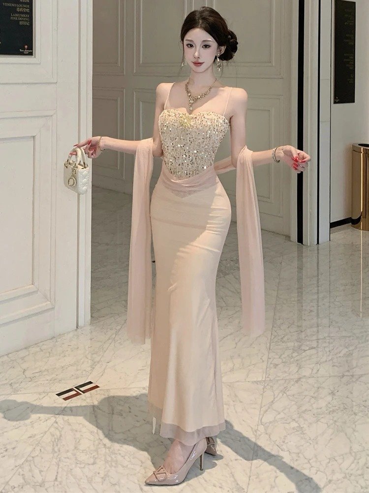 Women's Mesh Sequin Tube Top Evening Gown Women's Mesh Sequin Tube Top Evening Gown