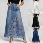 Women's High-Waist Lace Detail A-Line Denim Skirt