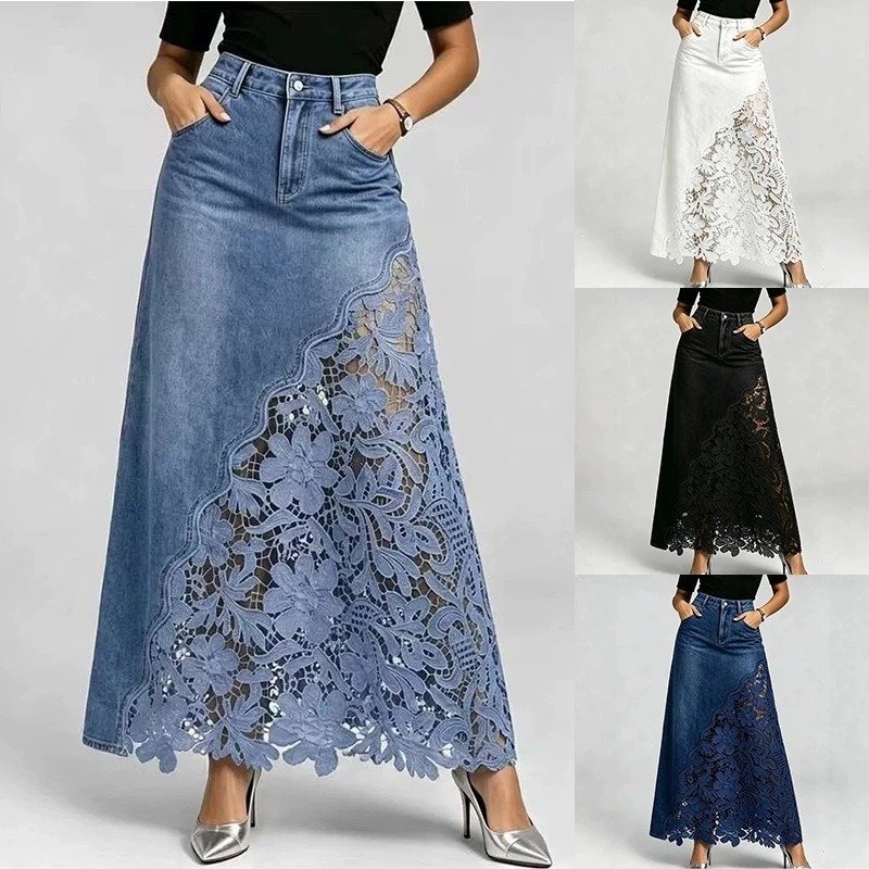 Women's High-Waist Lace Detail A-Line Denim Skirt Women's High-Waist Lace Detail A-Line Denim Skirt