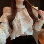 French Style Polka Dot Halter Neck Chiffon Blouse