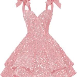Sparkly Sequin Bow Short Satin Homecoming Dress