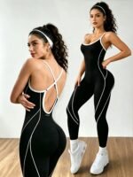 Women's Contrast Piping Open Back Yoga Workout Jumpsuit