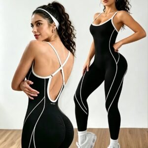 Women's Contrast Piping Open Back Yoga Workout Jumpsuit