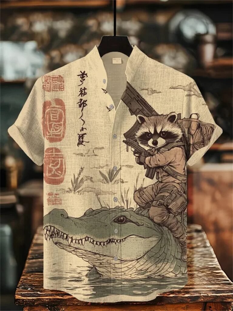 Men's 3D Cat Print Linen Short Sleeve Casual Shirt