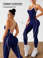 Women's Contrast Piping Open Back Yoga Workout Jumpsuit