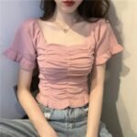 Women's Ruffle Knit Crop Top with Short Sleeves