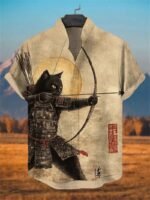 Men's 3D Cat Print Linen Short Sleeve Casual Shirt