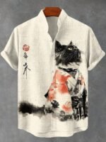 Men's 3D Cat Print Linen Short Sleeve Casual Shirt