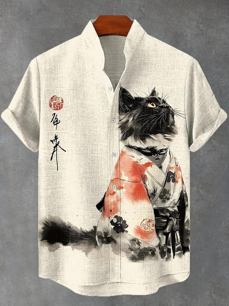 Men's 3D Cat Print Linen Short Sleeve Casual Shirt