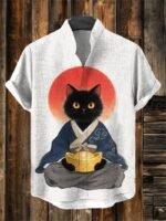 Men's 3D Cat Print Linen Short Sleeve Casual Shirt