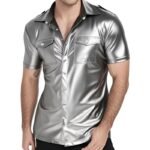 Men's Faux Leather Short Sleeve Button-Up Shirt