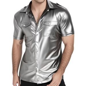 Men's Faux Leather Short Sleeve Button-Up Shirt