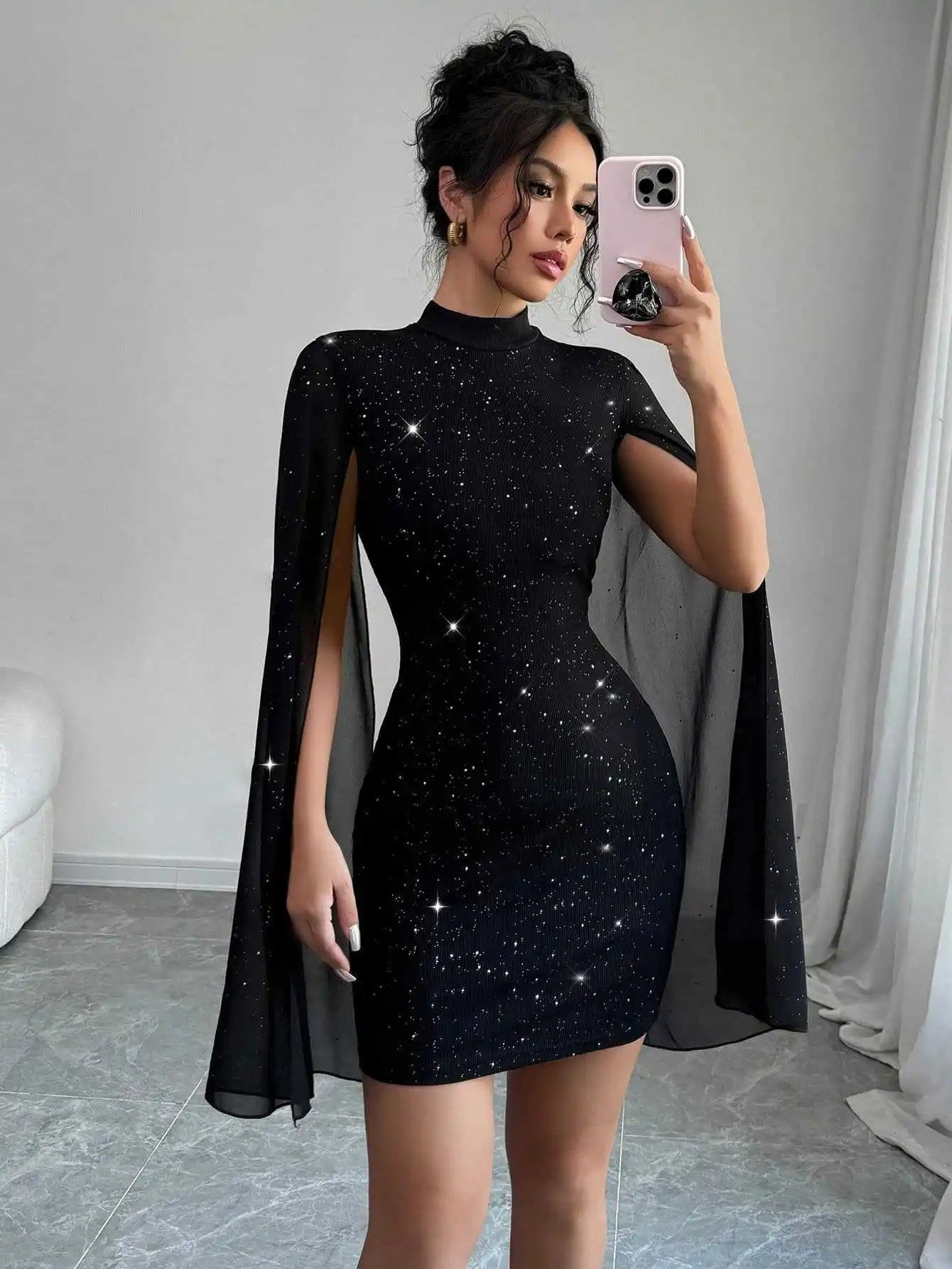 Women's Sparkly Turtleneck Lantern Sleeve Mini Dress Women's Sparkly Turtleneck Lantern Sleeve Mini Dress