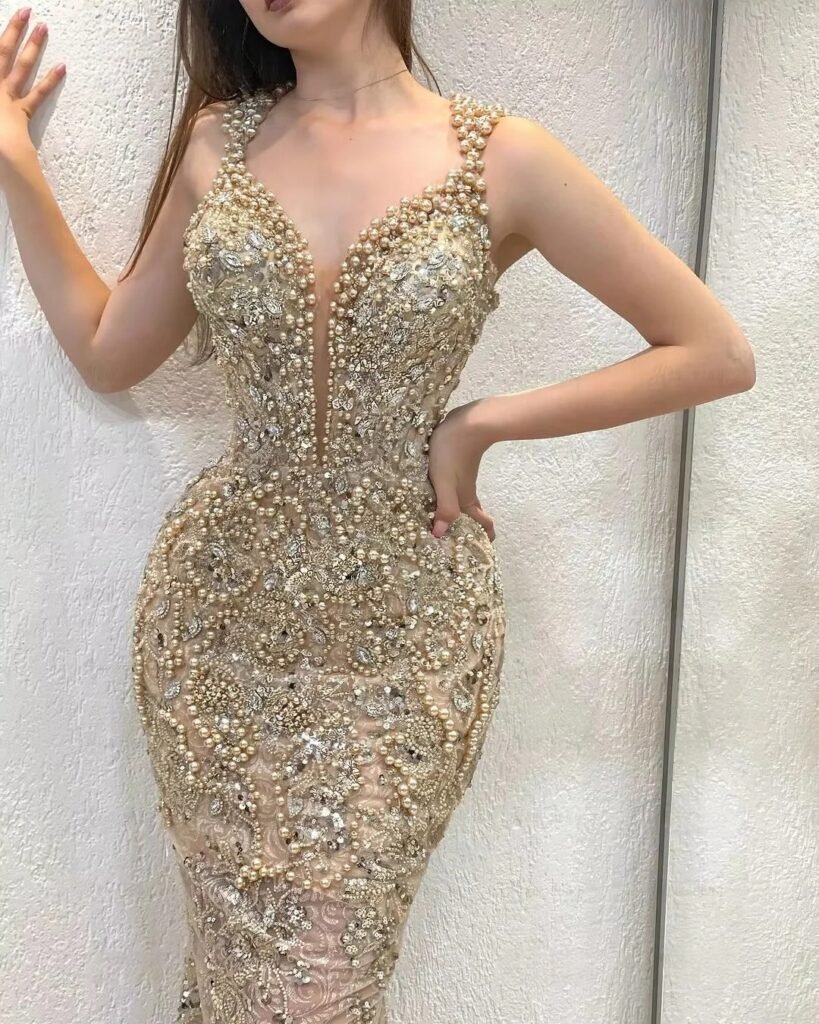 Champagne Pearl Sweetheart Long Evening Gown