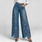 Women's High-Waist Wide-Leg Lace Detail Denim Trousers