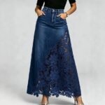 Women's High-Waist Lace Detail A-Line Denim Skirt