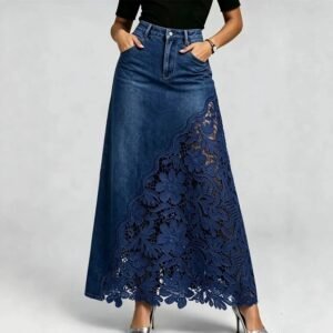 Women's High-Waist Lace Detail A-Line Denim Skirt