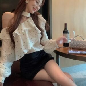 French Style Polka Dot Halter Neck Chiffon Blouse
