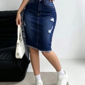 High-Waist Stretch Denim Knee-Length Skirt