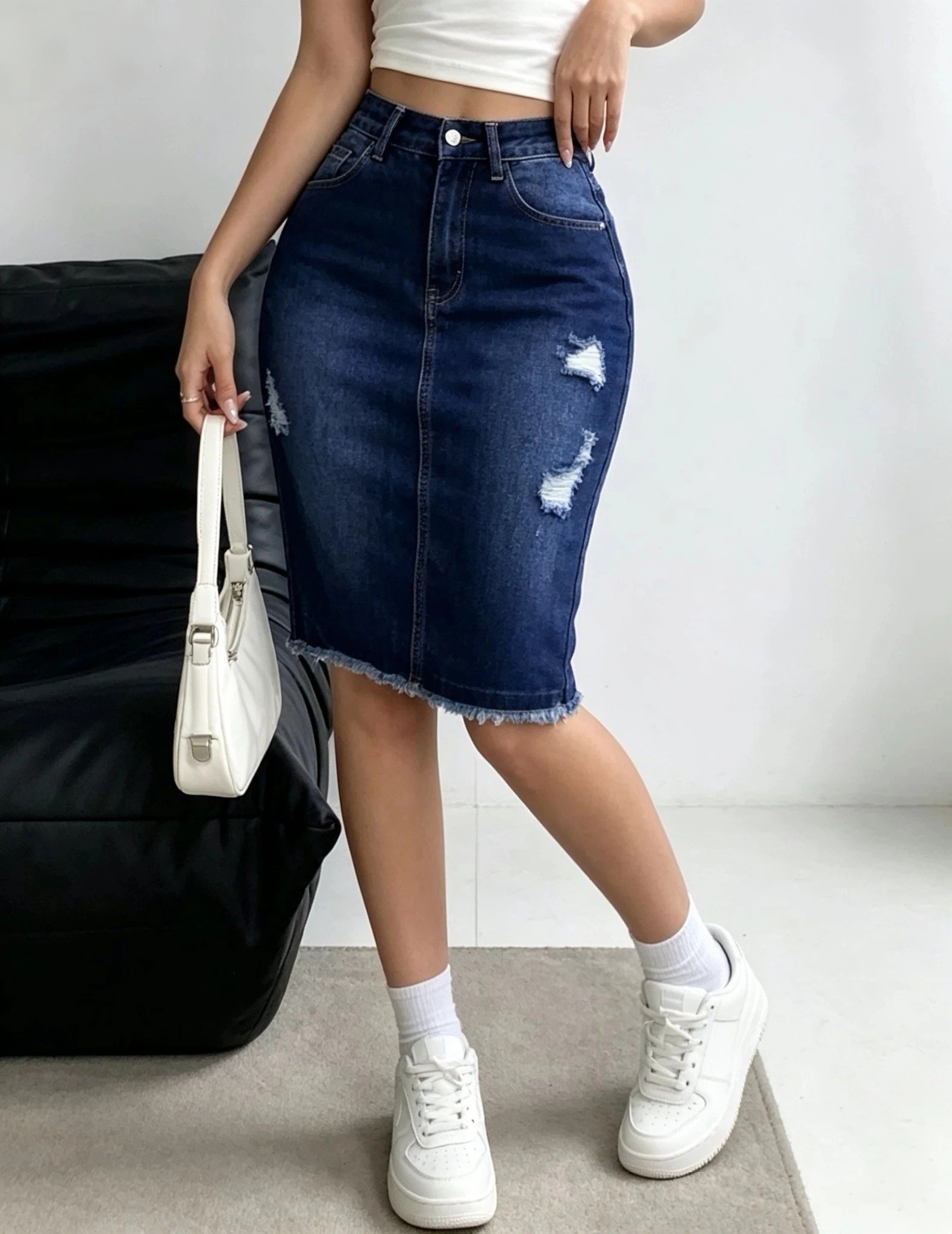 High-Waist Stretch Denim Knee-Length Skirt High-Waist Stretch Denim Knee-Length Skirt