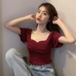 Women's Ruffle Knit Crop Top with Short Sleeves