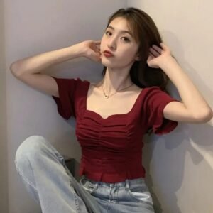 Women's Ruffle Knit Crop Top with Short Sleeves