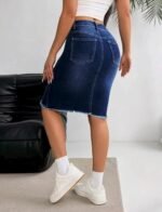 High-Waist Stretch Denim Knee-Length Skirt