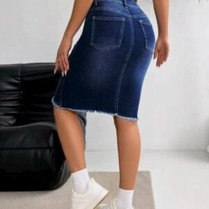 High-Waist Stretch Denim Knee-Length Skirt