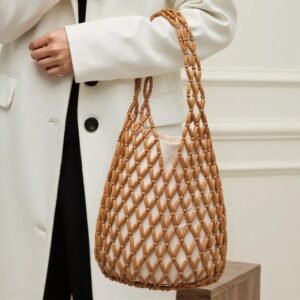 Women's Brown Wooden Bead Woven Shoulder Bag