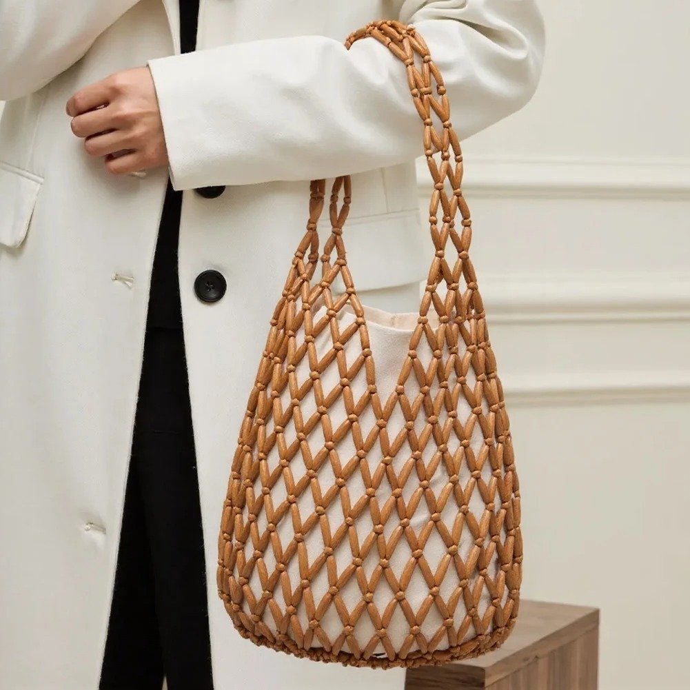 Women's Brown Wooden Bead Woven Shoulder Bag Women's Brown Wooden Bead Woven Shoulder Bag