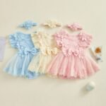 Floral Mesh Romper Dress with Headband for Baby Girls