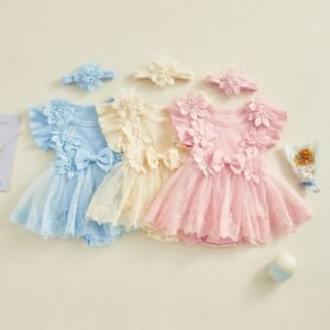 Floral Mesh Romper Dress with Headband for Baby Girls